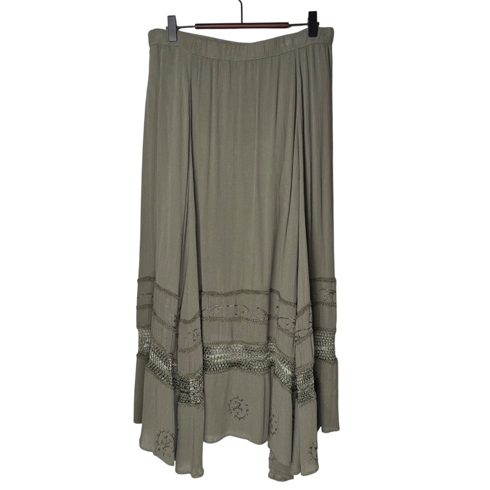 NWT Chico's Artisan Amy Crochet Maxi Skirt 1 (Medium) Fatigue Green Boho Size